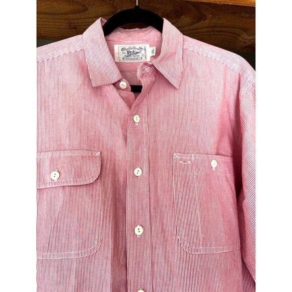 Vintage Polo Ralph Lauren Red White Stripe Button Front Mens Shirt - Picture 1 of 8